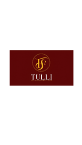 The TULLI brand logo on a maroon background with a gold monogram and gold text.